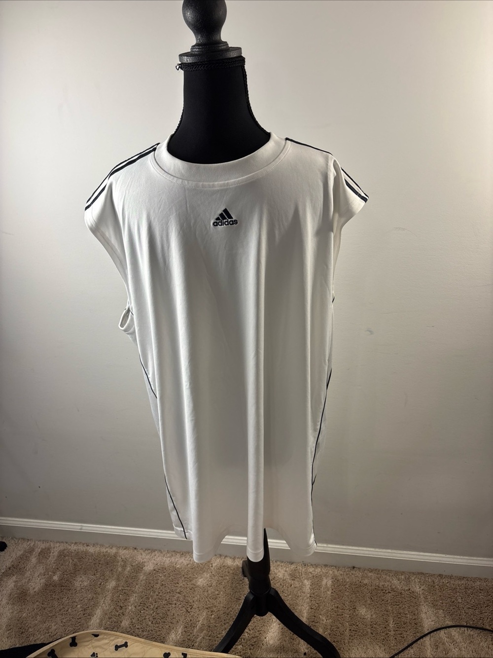 adidas White Sleeveless Training Tank with Black Stripe Accents. 478